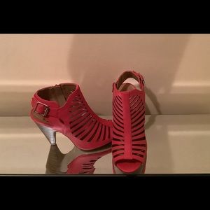 Red caged sandals, size 8